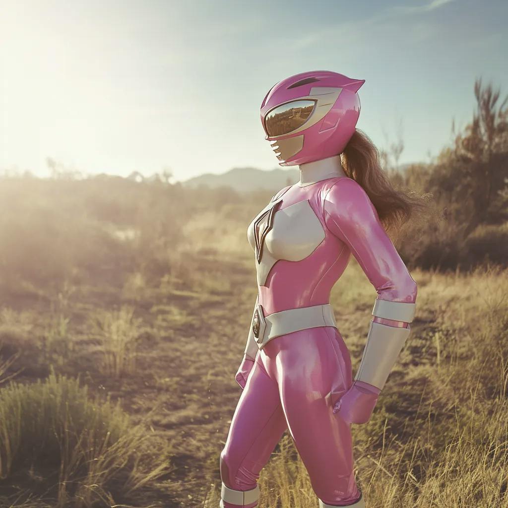 Ein pinker Power Ranger steht auf einer Wiesen und schaut in Richtung Sonne.
