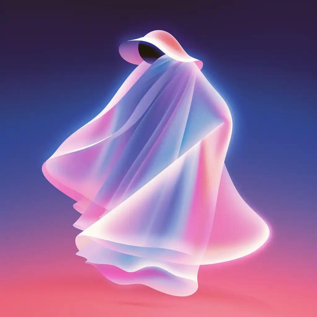 A illustration of a ghost on a purple pink gradient background with a black circle as a head.