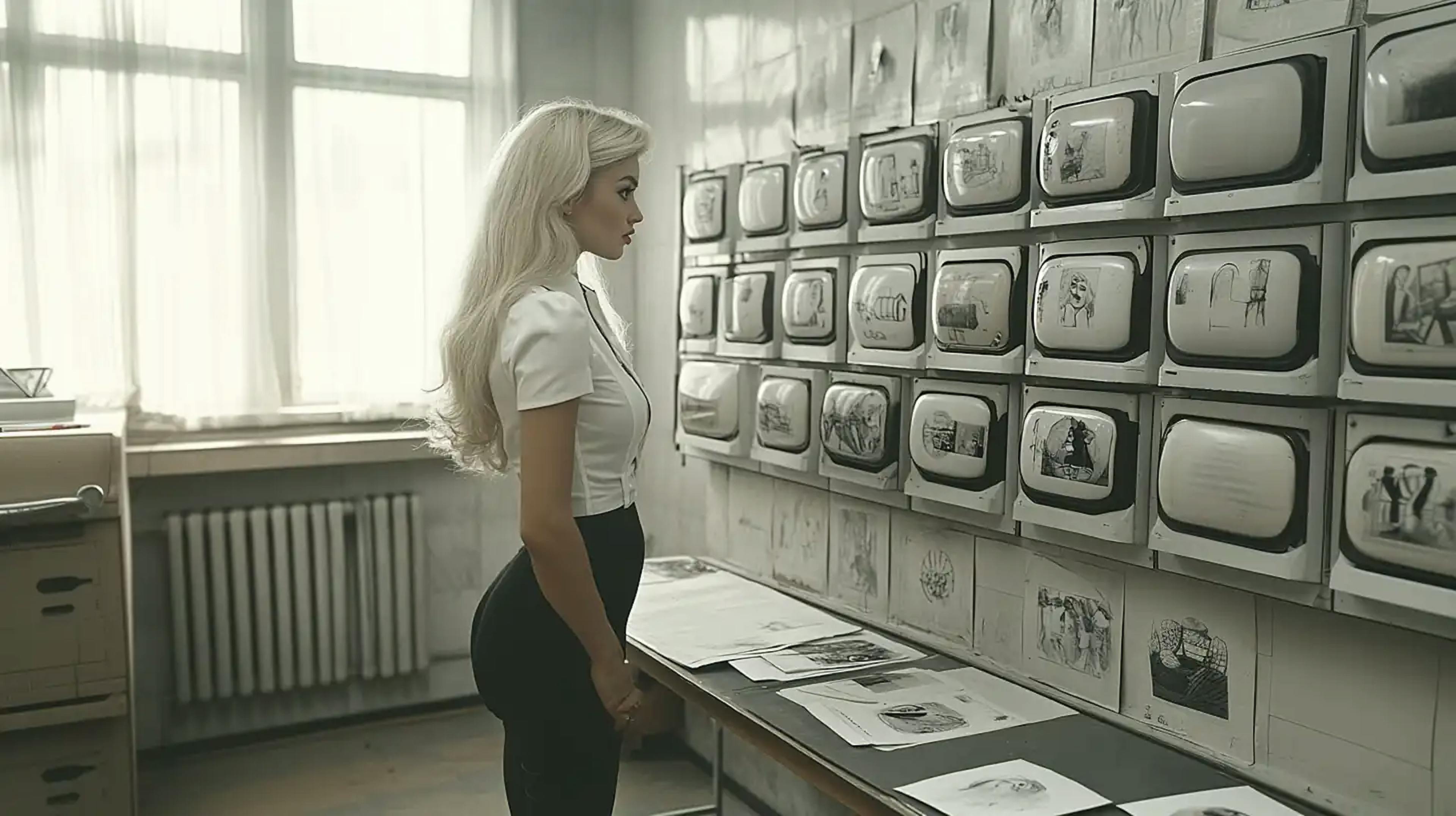 Eine Frau mit weiß-blondem Haar steht vor einer Retro-Sci-Fi-Apparatur, die verschiedene Bilder anzeigt.
