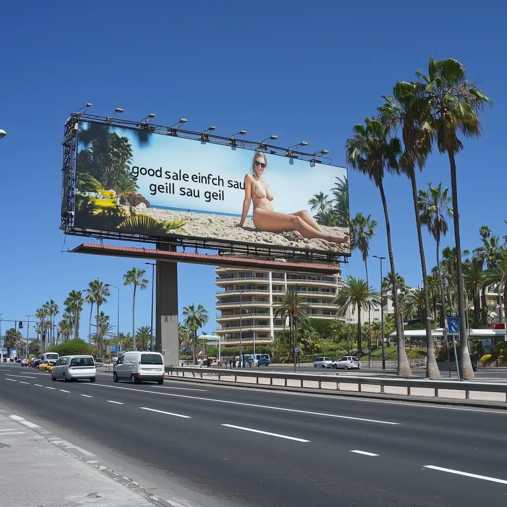 Ein Billboard mit einer Frau darauf. Auf dem Billdboard steht "goodsales ist einfach sau geil". Deutet auf die Firma goodsales hin. Auf einem amerikanischen Highway.
