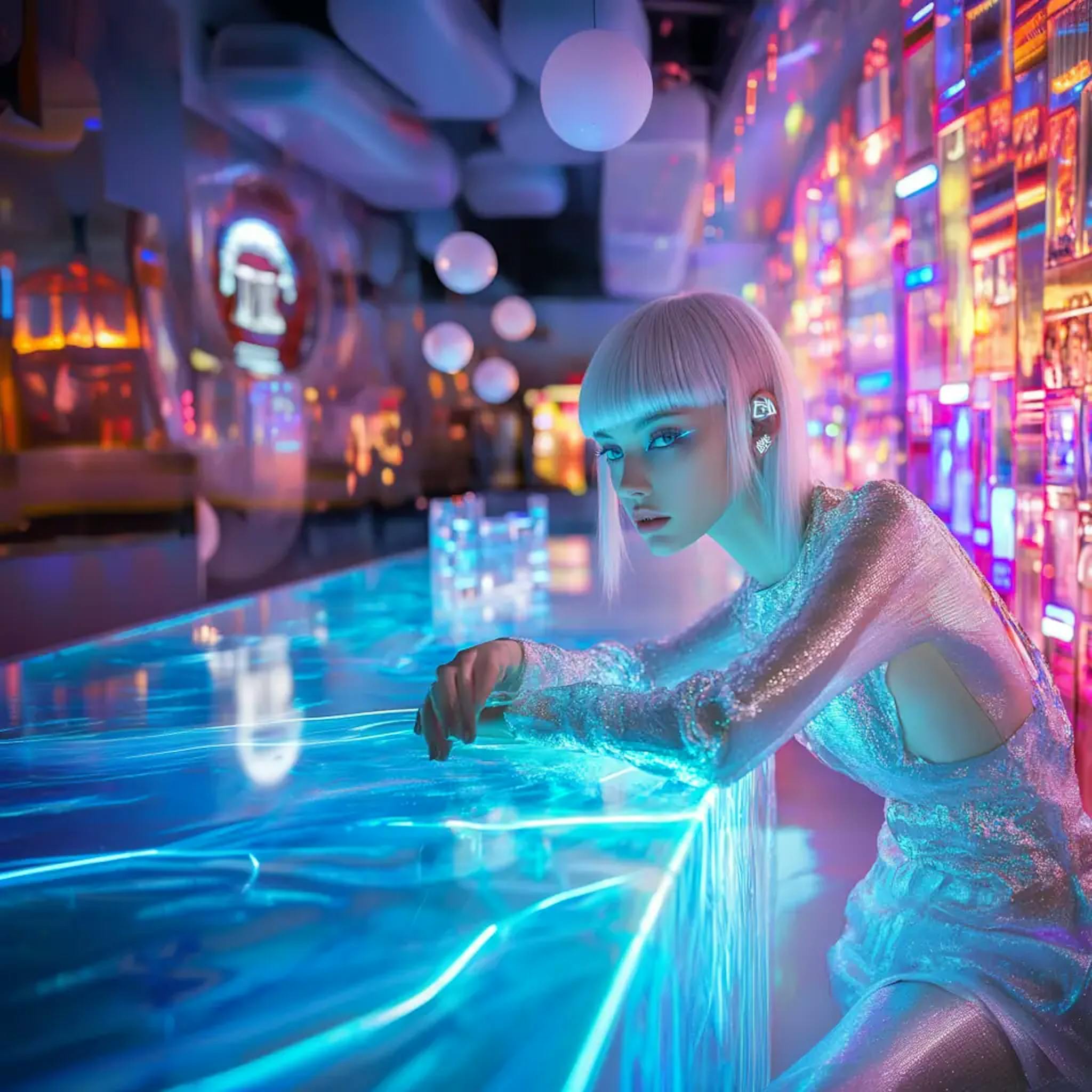 Photograph of an avant-garde Kiev nightclub in 2045 - interior crafted from layered holographic glass and self-illuminating liquid crystal walls that pulse with geometric patterns. Our protagonist leans forward at a floating lucite bar, her straight platinum blonde hair catching prismatic light like fiber optics. Her eyes are augmented with bioluminescent iris overlays in electric azure, enhanced by graduated chrome-to-smoke eyeshadow that seems to hover above her skin. She wears a translucent graphene bodysuit with reactive thermochromic panels that shift colors with her movements, topped with a deconstructed holographic vinyl jacket. A delicate line of OLED lights traces her left earlobe like digital jewelry, pulsing in sync with her speech. A thin cybernetic scar on her right cheekbone glows subtly from within, suggesting subdermal tech. Shot on Canon EOS R6 with RF 50mm f/1.2L lens at f/1.4, using split lighting technique with rim lights to emphasize the tech elements. Multiple light sources from floating orb-drones create complex highlights in her eyes. The depth of field isolates her face while the background dissolves into an abstract array of neon reflections and floating AR advertisements. Slight film grain adds texture to the darker areas, creating a neo-noir aesthetic with hypermodern elements.