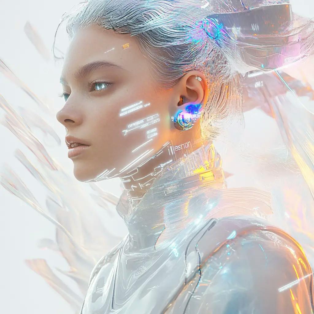 Cutting-edge website design, 2045 aesthetic with ethereal hero section featuring a centered female model | Canon EOS R6-captured portrait seamlessly integrated into quantum UI design. The model appears in a vertical full-height hero module - she's elegant and otherworldly with waist-length platinum hair composited to react to cursor movement using WebGL shaders (hair color interpolates between #FFFFFF and #7FFF00). Her augmented eyes feature subtle micro-animations, glowing mercury silver (#E7E7E7) on scroll interaction. She wears a minimalist bodysuit that shifts between deep plasma (#264E36) and digital storm (#4F545C), its fabric texture responding to page scroll velocity. Hero Layout: Model positioned center-frame, z-index layered over animated particle field Hair and clothing elements participate in parallax scroll effects Cybernetic details (OLED earlobe implant, cheek circuitry) pulse in sync with page loading states Background features generative aurora patterns that respond to user interaction UI Architecture: Glassmorphic cards float around the model, revealing/concealing content Typography morphs between Norse-inspired 'Hyperion Neo' and 'Qubit Sans' Scroll-triggered animations reveal content through model's silhouette Neural-tracked hover states with liquid mercury highlights Content sections flow through model's negative space Technical Stack: Next.js 14 GSAP for advanced model animations Three.js for hair physics Custom shader materials for fabric effects Framer Motion for UI transitions WebGL for particle systems Tailwind with quantum design system Lenis for smooth scroll behavior Advanced Features: AI-driven pose variations on viewport resize Quantum-inspired loading states Dynamic typography scaling Haptic feedback on model interaction Scroll-linked color shifting Variable blur effects Custom cursor interactions with model elements The design maintains cyberpunk aesthetics while creating an elegant, high-fashion atmosphere. Model's presence guides visual hierarchy and user journey through content sections.