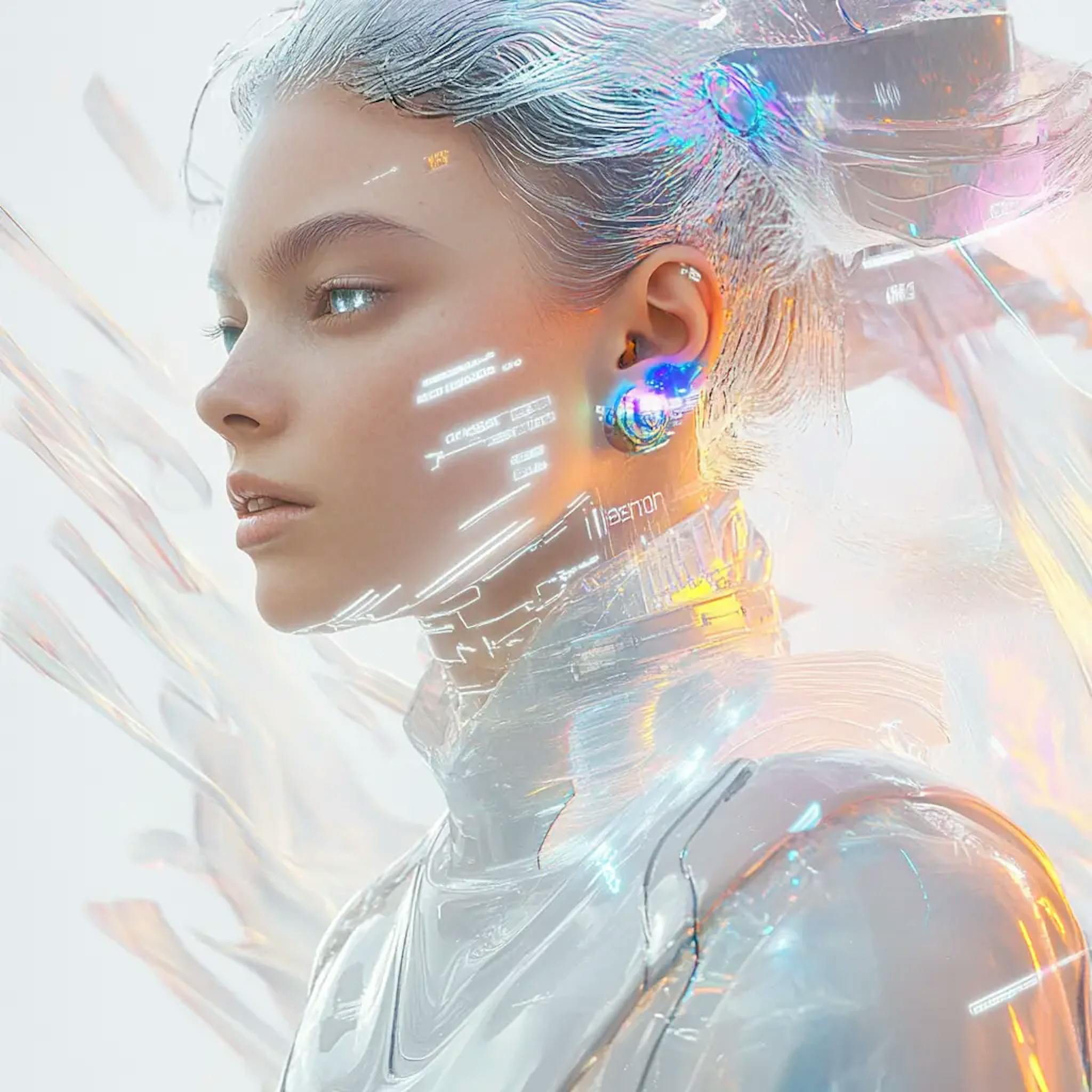 Cutting-edge website design, 2045 aesthetic with ethereal hero section featuring a centered female model | Canon EOS R6-captured portrait seamlessly integrated into quantum UI design. The model appears in a vertical full-height hero module - she's elegant and otherworldly with waist-length platinum hair composited to react to cursor movement using WebGL shaders (hair color interpolates between #FFFFFF and #7FFF00). Her augmented eyes feature subtle micro-animations, glowing mercury silver (#E7E7E7) on scroll interaction. She wears a minimalist bodysuit that shifts between deep plasma (#264E36) and digital storm (#4F545C), its fabric texture responding to page scroll velocity. Hero Layout: Model positioned center-frame, z-index layered over animated particle field Hair and clothing elements participate in parallax scroll effects Cybernetic details (OLED earlobe implant, cheek circuitry) pulse in sync with page loading states Background features generative aurora patterns that respond to user interaction UI Architecture: Glassmorphic cards float around the model, revealing/concealing content Typography morphs between Norse-inspired 'Hyperion Neo' and 'Qubit Sans' Scroll-triggered animations reveal content through model's silhouette Neural-tracked hover states with liquid mercury highlights Content sections flow through model's negative space Technical Stack: Next.js 14 GSAP for advanced model animations Three.js for hair physics Custom shader materials for fabric effects Framer Motion for UI transitions WebGL for particle systems Tailwind with quantum design system Lenis for smooth scroll behavior Advanced Features: AI-driven pose variations on viewport resize Quantum-inspired loading states Dynamic typography scaling Haptic feedback on model interaction Scroll-linked color shifting Variable blur effects Custom cursor interactions with model elements The design maintains cyberpunk aesthetics while creating an elegant, high-fashion atmosphere. Model's presence guides visual hierarchy and user journey through content sections.
