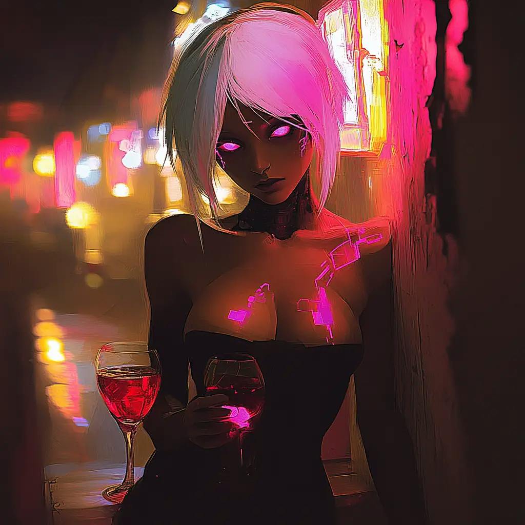 Eine unterirdische Cyberpunk-Speakeasy, versteckt in Kiews vergessenen Metro-Tunneln, Jahr 2045. Unsere Protagonistin taucht aus den Schatten an einer Bar aus poliertem Obsidian auf, deren Oberfläche gebrochenes Neon wie einen Ölfilm reflektiert. Ihr kinnlanges Platinhaar wirkt unter UV-Licht wie flüssiges Metall, wobei verbrannte Chrom-Kanten tiefe violette Untertöne einfangen. Ihre augmentierten Augen durchschneiden die Dunkelheit - maßgefertigte biolumineszente Implantate erzeugen ein beunruhigendes, raubtierhaftes Leuchten, verstärkt durch rauchigen Graphen-Lidschatten, der das umliegende Licht absorbiert. Sie trägt einen hochgeschlossenen Bodysuit aus lichtabsorbierendem Vantablack-Material, dessen Oberfläche gelegentlich mit blutroten Schaltkreismustern pulsiert. Das OLED-Implantat in ihrem Ohrläppchen pulsiert warnend rot, synchronisiert mit den Bassfrequenzen, die durch die Tunnelwände vibrieren. Ihre kybernetische Wangennarbe erscheint wie ein gezackter Riss in der Realität, der darunter liegende, sich bewegende Schaltkreise unter blasser Haut offenbart. Aufgenommen mit Canon EOS R6 und RF 50mm f/1.2L bei f/1.8, hauptsächlich mit praktischer Beleuchtung von verstreuten karmesinroten Notlichtern und illegalen stimmungsverändernden Gaslampen. Tiefe Schatten dominieren den Bildausschnitt, mit selektiver Konturbeleuchtung, die ihre Silhouette vor gegenlichtigem toxischem Nebel umreißt. Die Schärfentiefe ist messerscharf, fokussiert auf ihren unverwandten Blick, während der Hintergrund in einem Abgrund versinkt, durchbrochen von fernen Neonschildern und den glühenden Augen anderer Gäste.