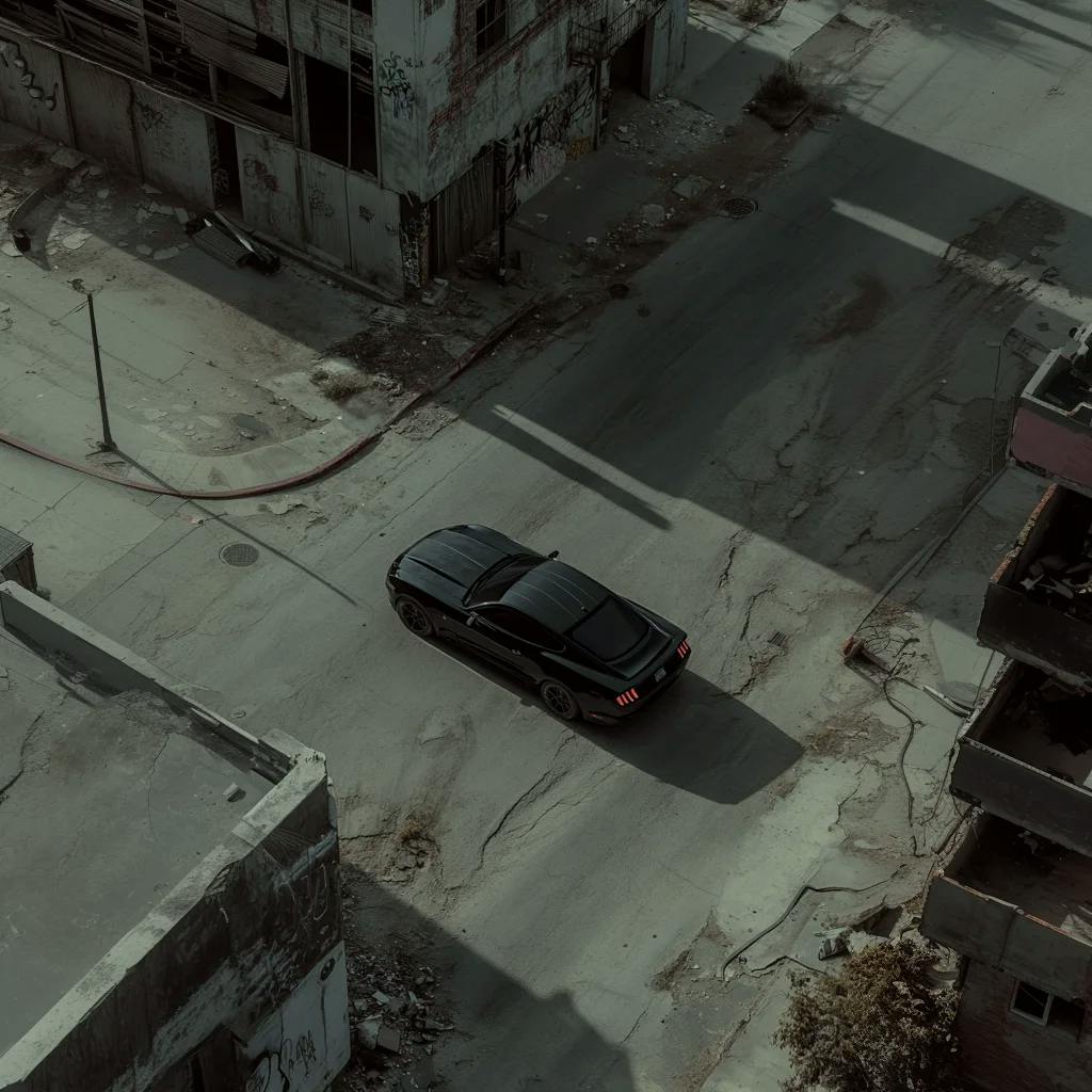 Ein schwarzer Mustang fährt durch die Straßen von LA, aus der Vogelperspektive fotografiert. Der Hintergrund zeigt heruntergekommene Viertel, alte Straßen und abgenutzte Gebäude, die eine raue urbane Landschaft erschaffen. Die Szene spielt am Tag, wobei die abgenutzte Karosserie des Mustangs mit der Umgebung verschmilzt. Kinematografische Komposition, gedämpfte Farbpalette, realistische Details.