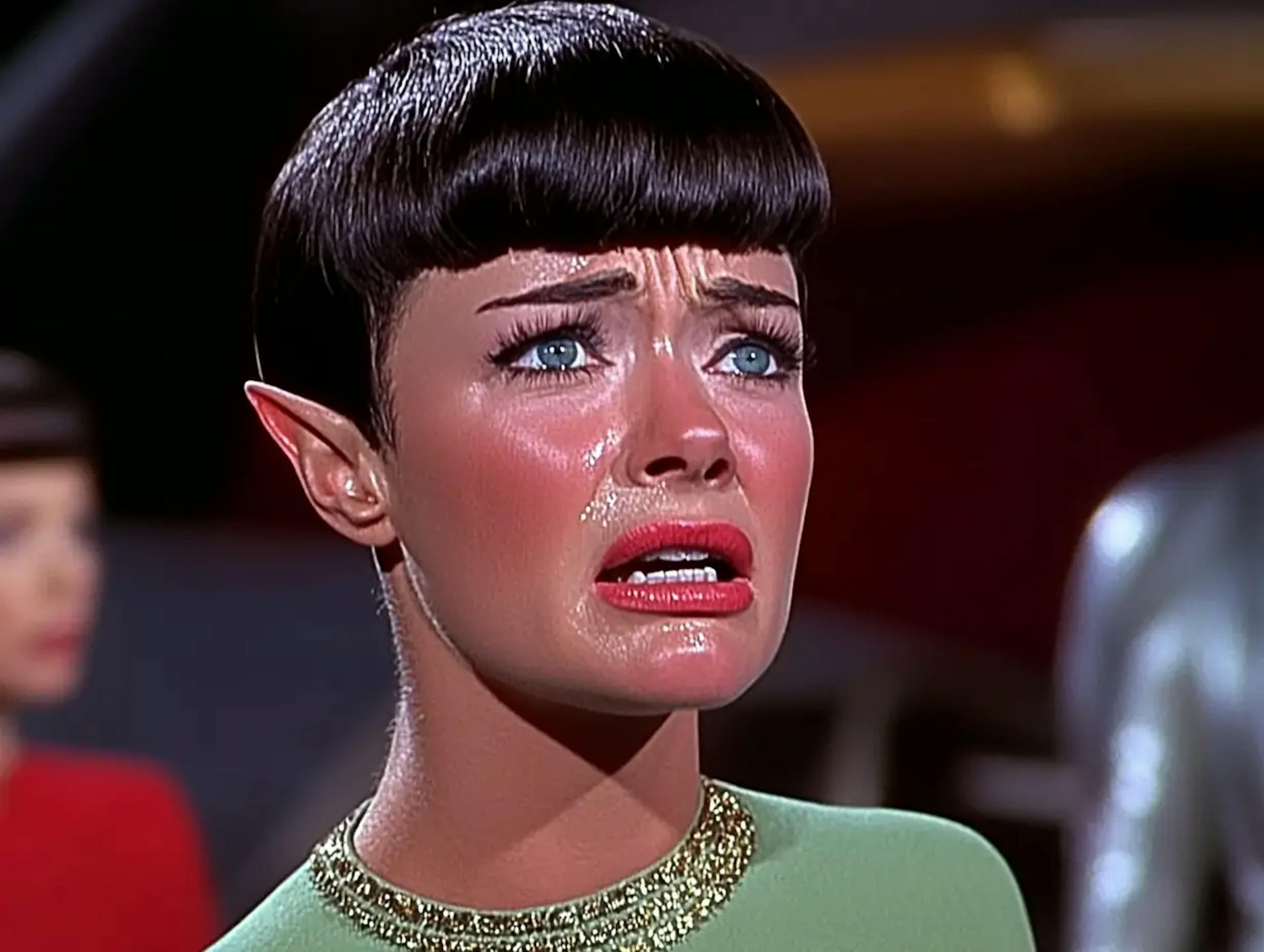 Ein Bild einer geschockten Frau, die in einer Science-Fiction-Serie der späten 70er Jahre mitspielt. Die Frau hat spitze Ohren und einen schwarzen Topfschnitt.