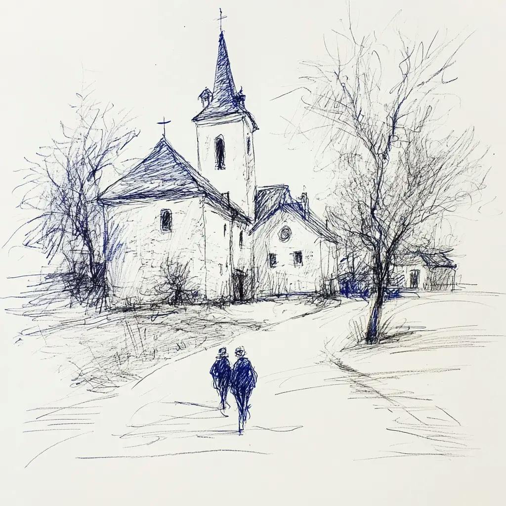 Kunstvolle Tintenzeichnung in Blau von einer Kirche mit zwei Menschen auf dem Weg dorthin, illustriert den Weg religiöser Gemeinschaften in die digitale Innovation.