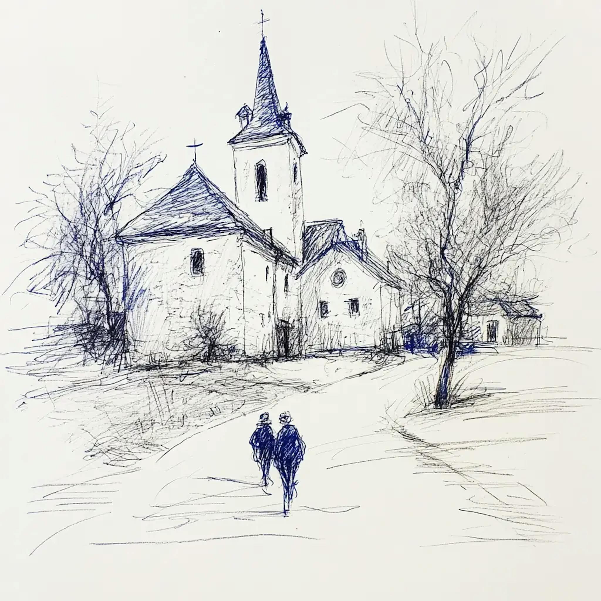 Kunstvolle Tintenzeichnung in Blau von einer Kirche mit zwei Menschen auf dem Weg dorthin, illustriert den Weg religiöser Gemeinschaften in die digitale Innovation.