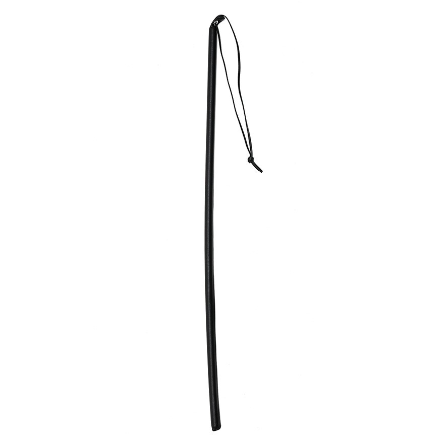 Thin black leather whip with a leather strap at the handle