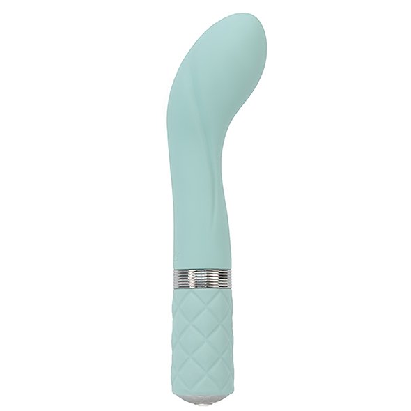 Light pastel teal curved internal vibrator with g-spot stim and a silver ring round the bottom near the textured base