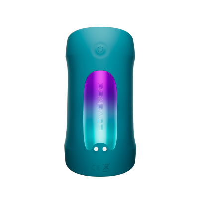 Teal coloured tube with bright purple/teal button display in oval panel on front