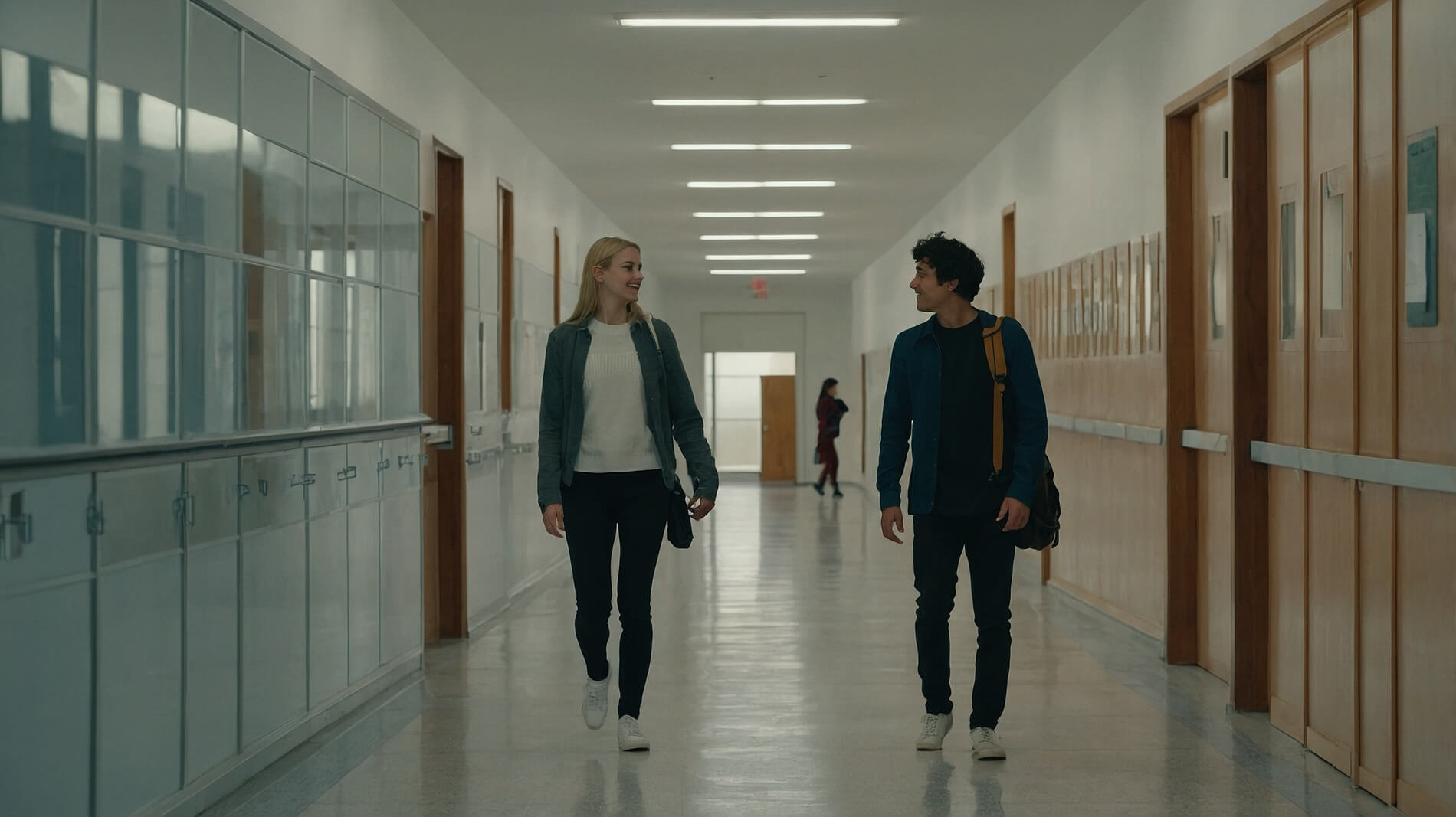 Zwei Menschen laufen den Flur einer Bildungseinrichtung entlang 