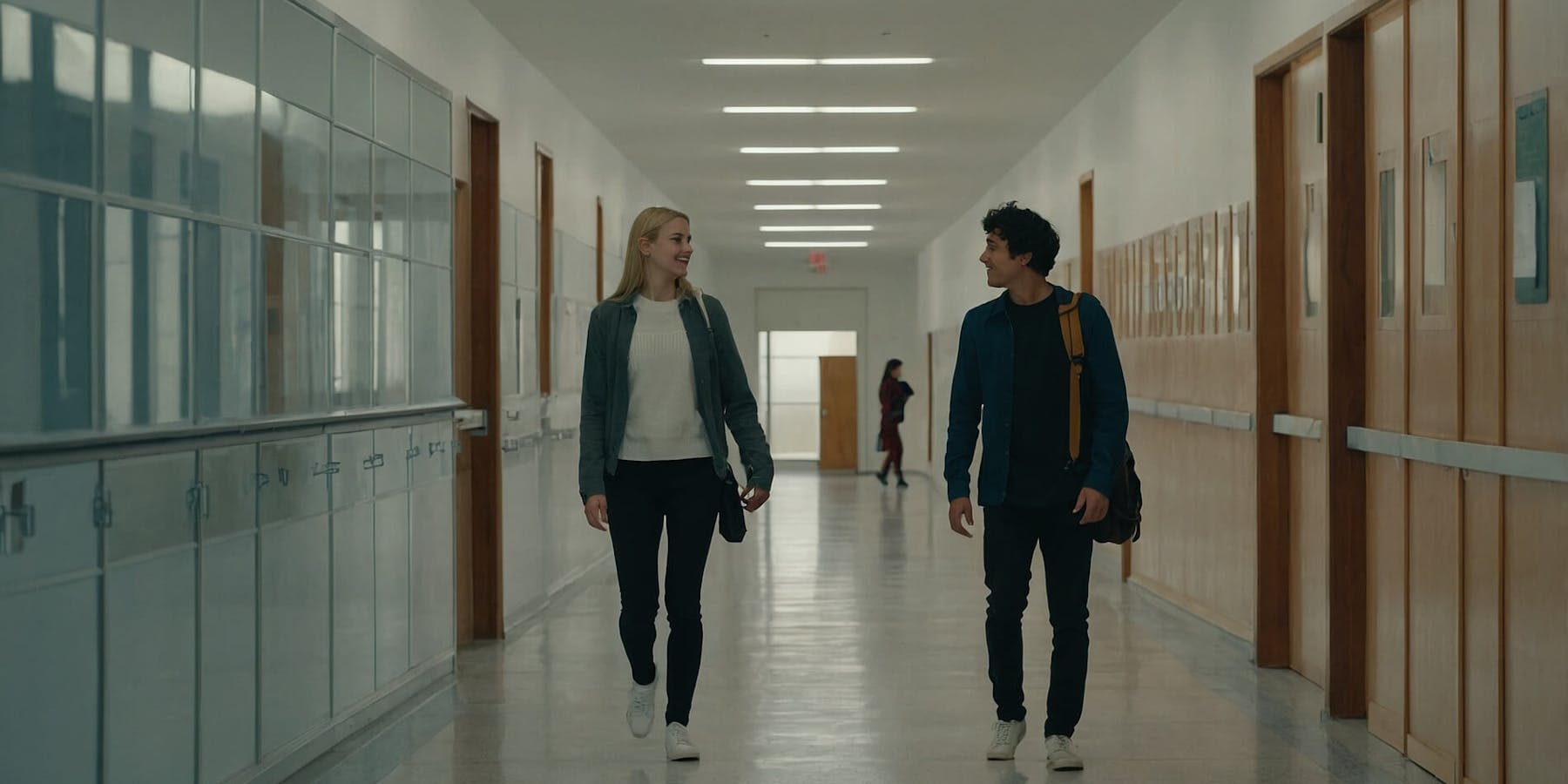 Zwei Menschen laufen den Flur einer Bildungseinrichtung entlang