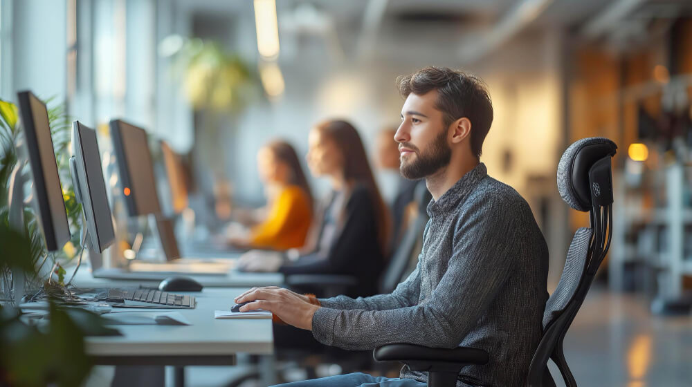 IT Mitarbeiter, der gerade frisch in die IT eingestiegen ist, arbeitet am Laptop