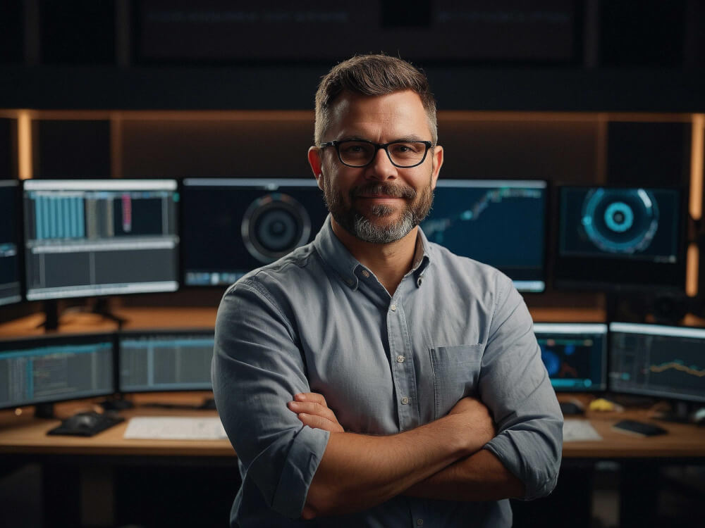 IT Operations Manager steht selbstbewusst mit verschränkten Armen vor mehreren Monitoren mit technischen Daten und Systemübersichten – symbolisiert Verantwortung und Überblick in der IT-Infrastruktur.