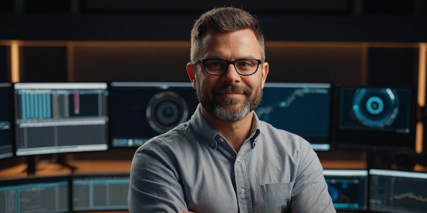 IT Operations Manager steht selbstbewusst mit verschränkten Armen vor mehreren Monitoren mit technischen Daten und Systemübersichten – symbolisiert Verantwortung und Überblick in der IT-Infrastruktur.