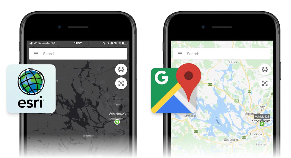 Two iPhone SE phones showing the GpsGate Fleet application using an ESRI map and Google Map respectively.