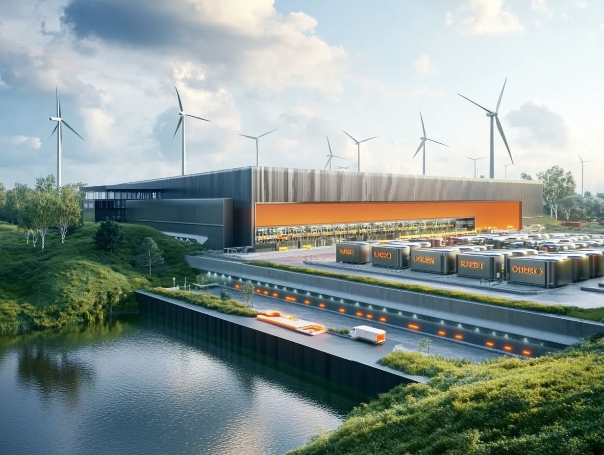 Image of a factory with green energy sources around