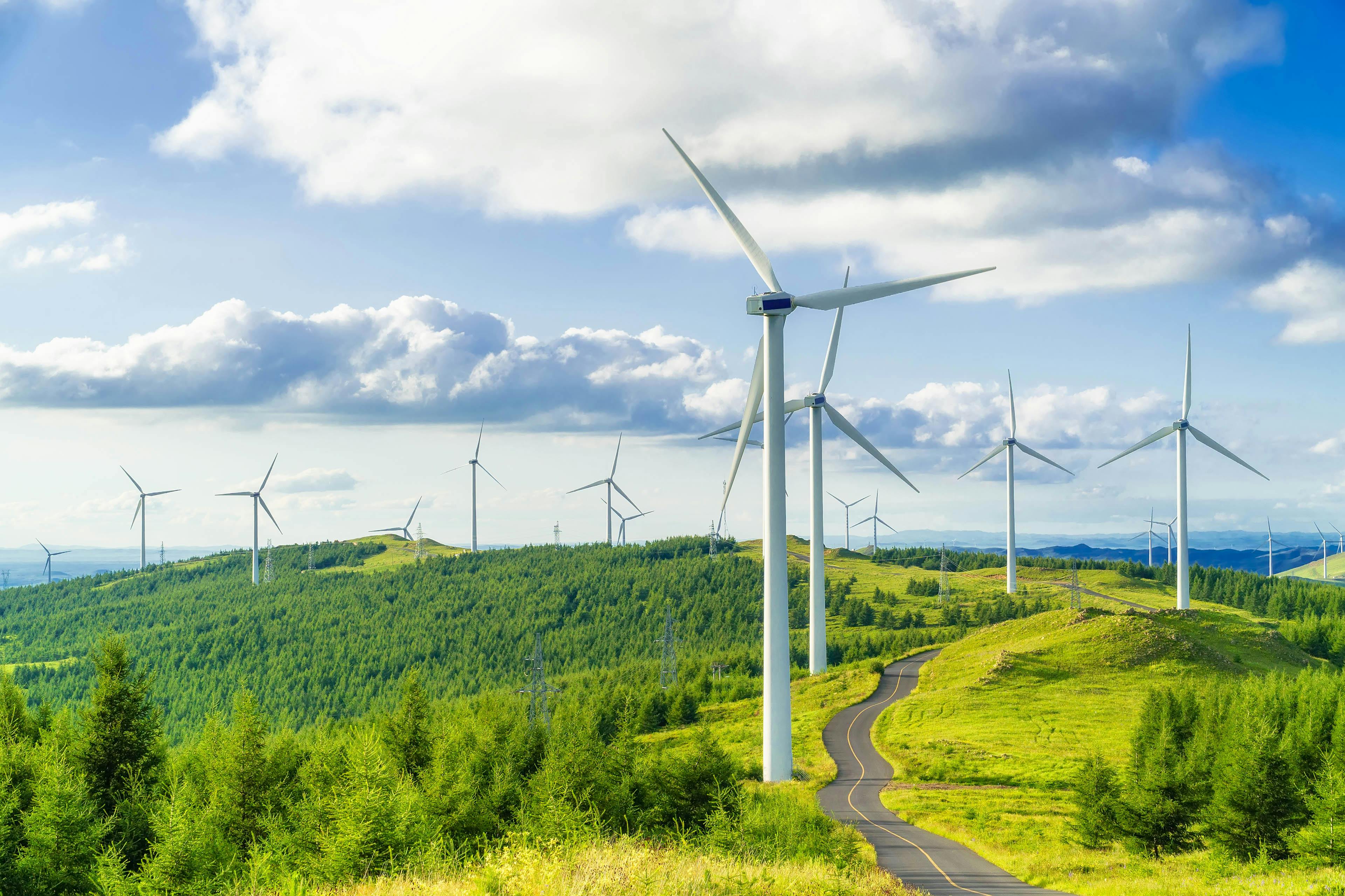 Wind turbines atop a green hill