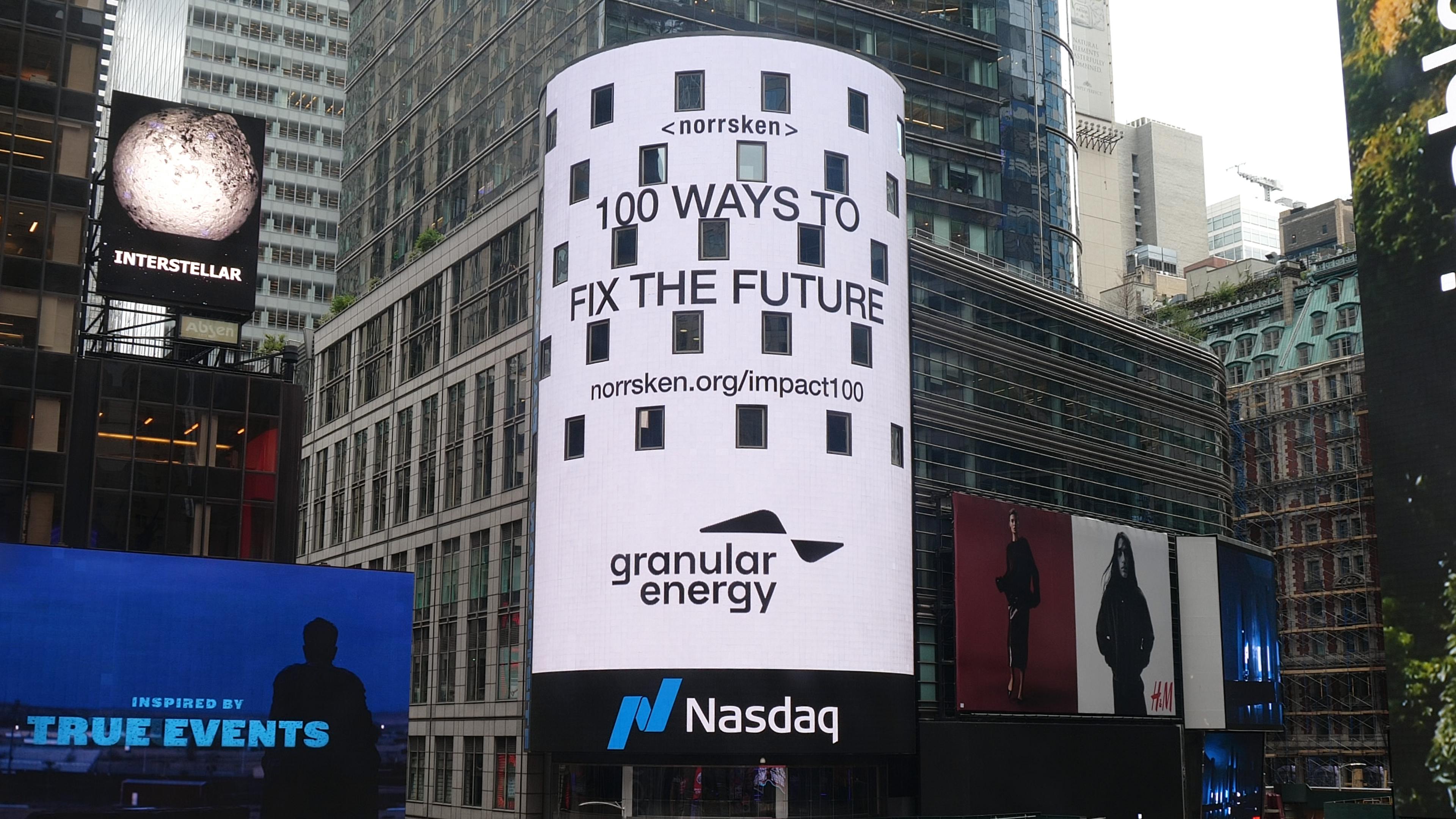 Nasdaq Tower in Times Square, New York, showing Granular Energy logo