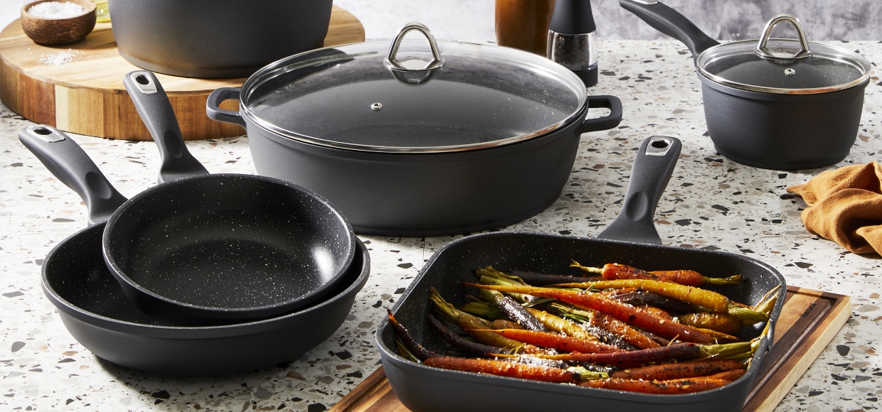 Baccarat Granite cookware on a marble benchtop