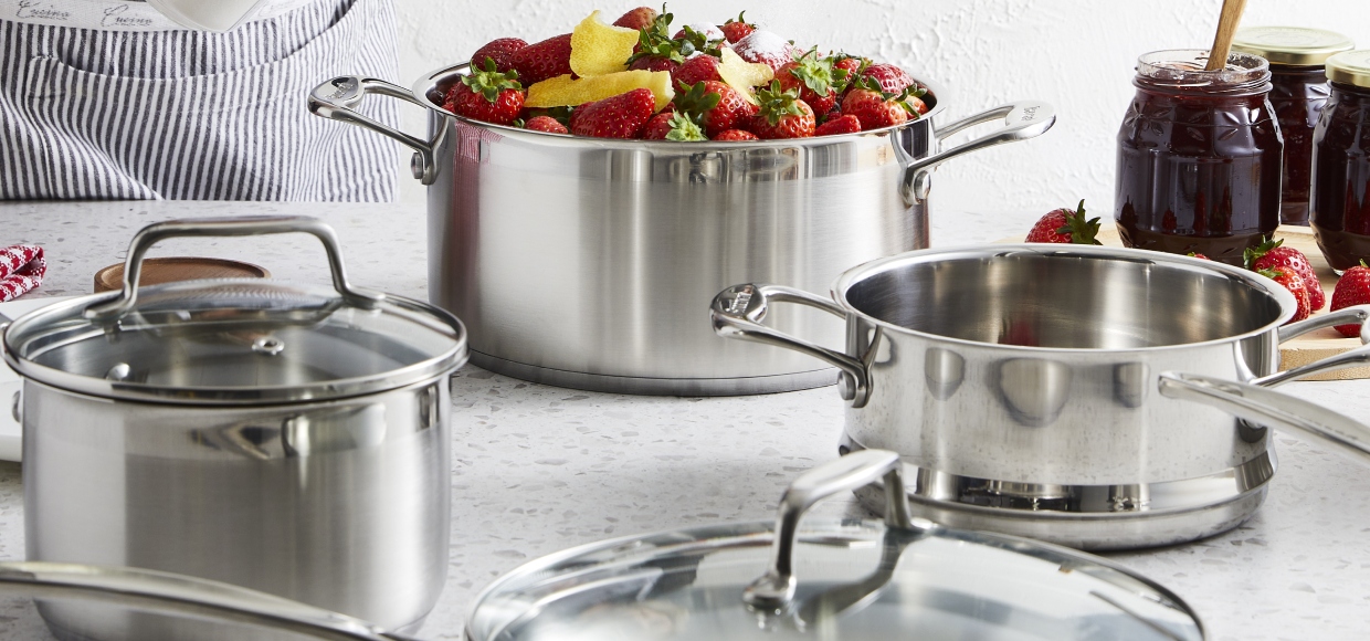 Baccarat iconix stainless steel cookware set on benchtop