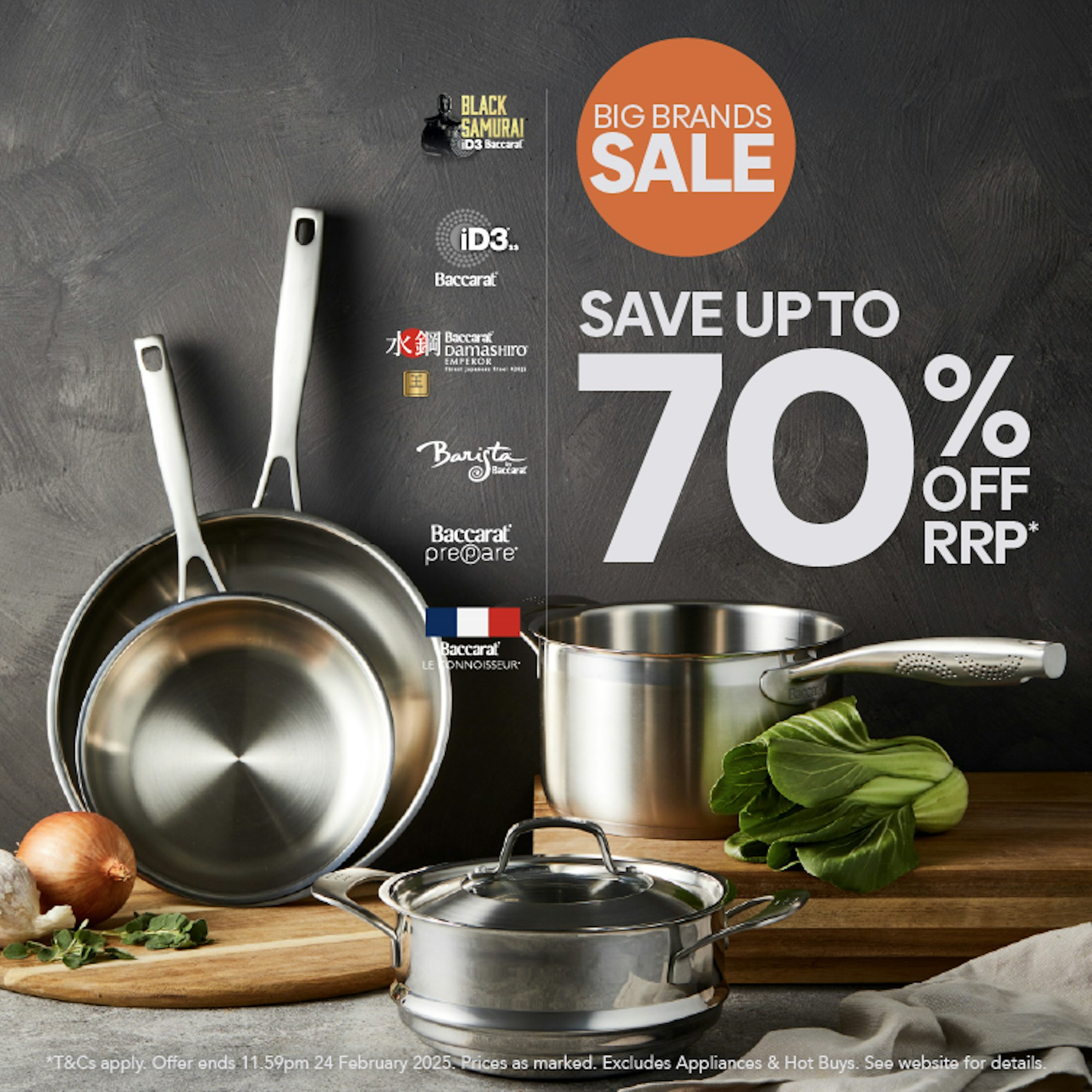 Big Brands Sale. Stainless Steel cookware on a grey bench.