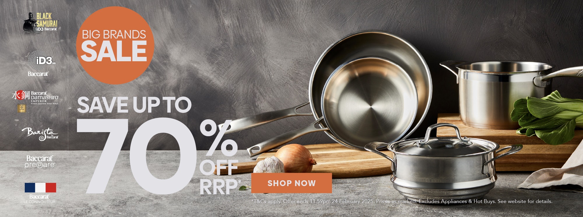 Big Brands Sale. Stainless Steel cookware on a grey bench.