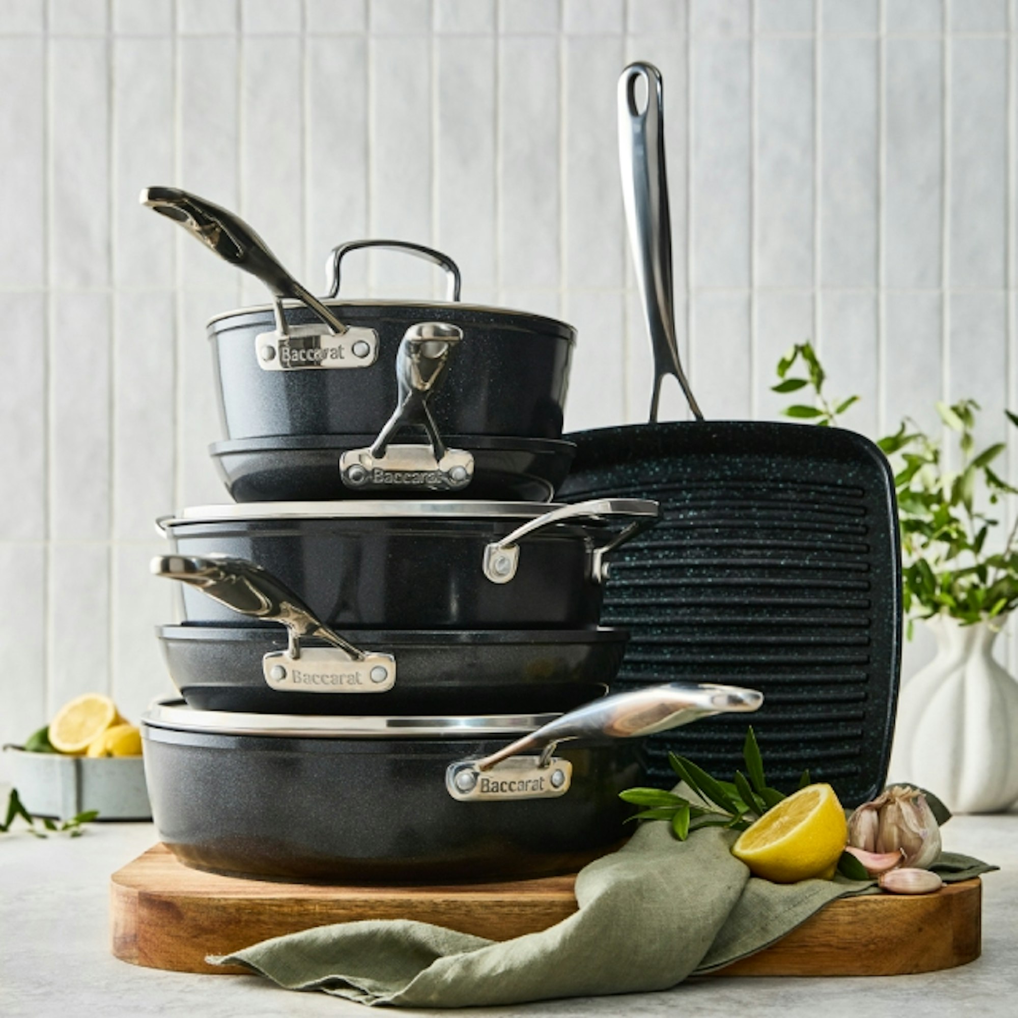 Baccarat Green Stone 6 piece Cookware Set on benchtop