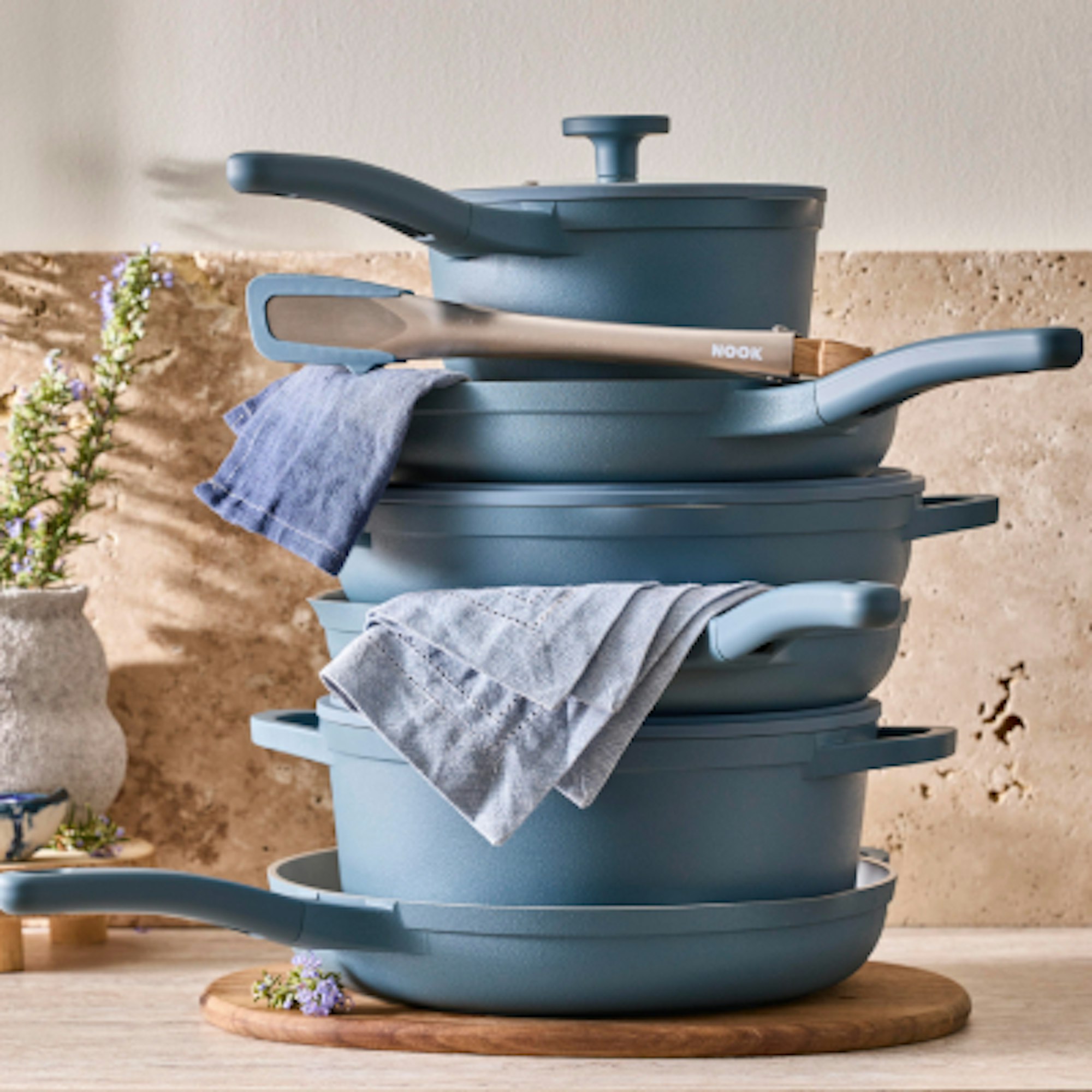NOOK denim cookware in a stack