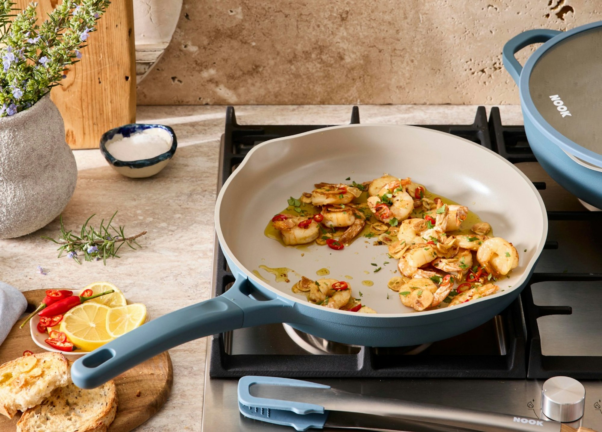 NOOK by Baccarat Frypan 28cm Denim cooking prawns