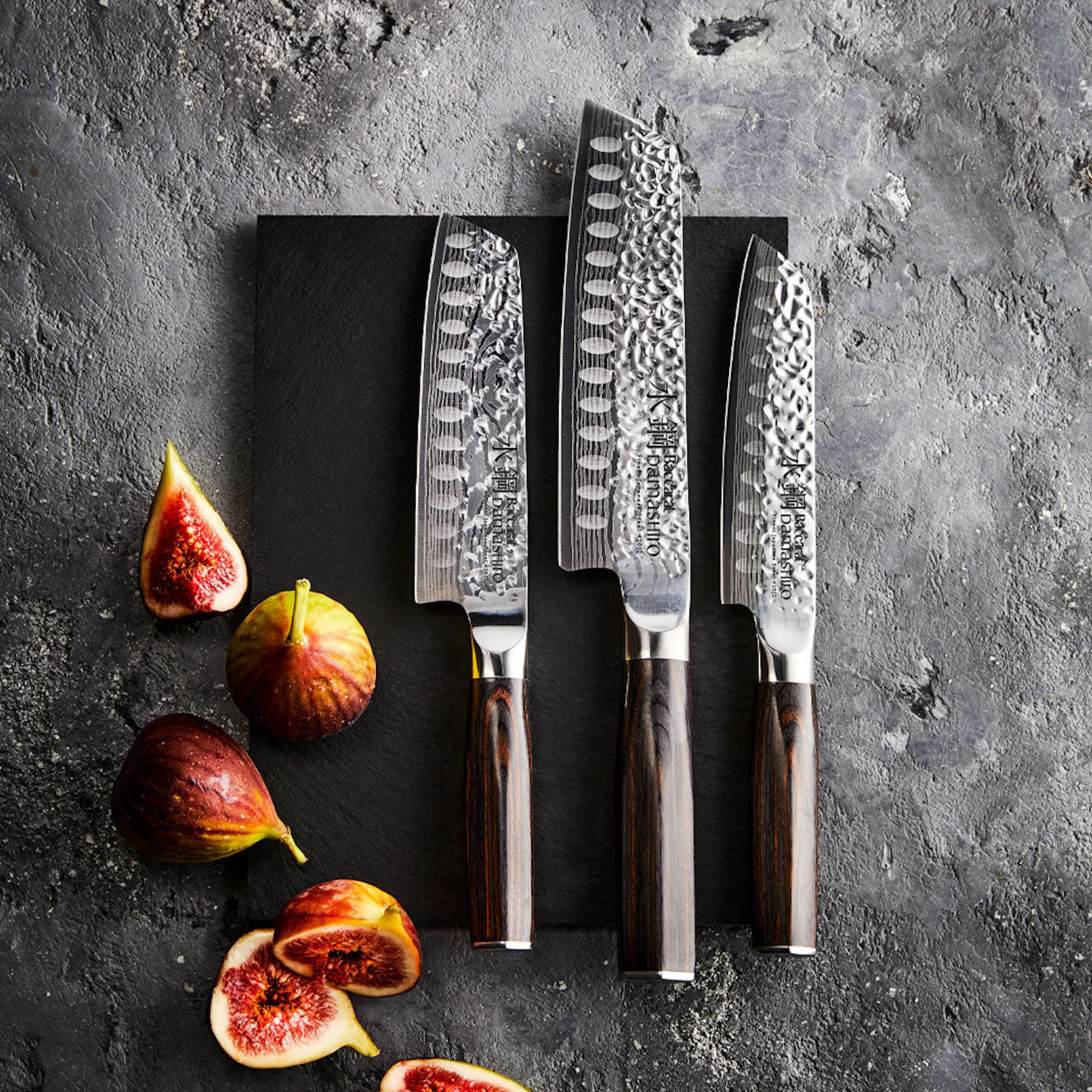Baccarat Damashiro EMPEROR 3 Piece Santoku Knife Starter Set on grey benchtop