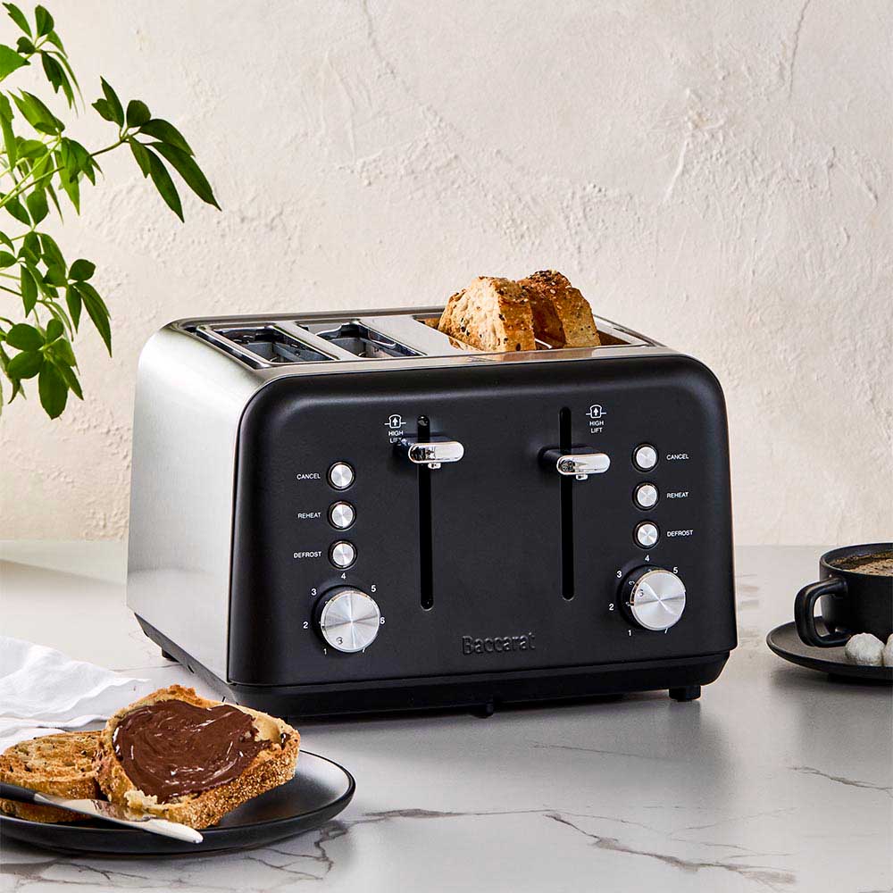 Baccarat silver and black toaster on bench with toast