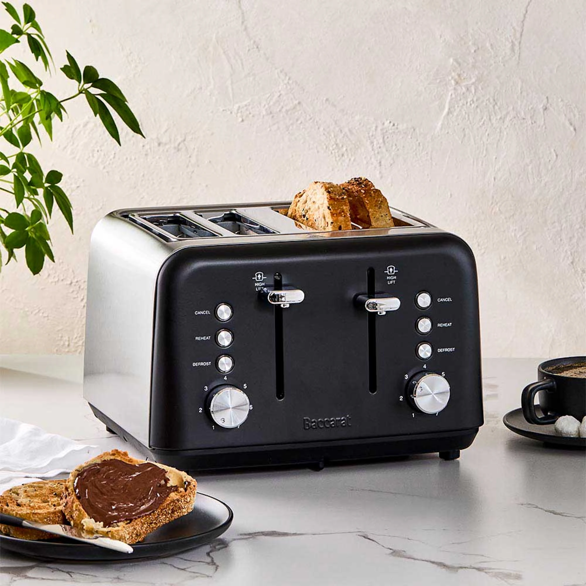 Baccarat silver and black toaster on bench with toast