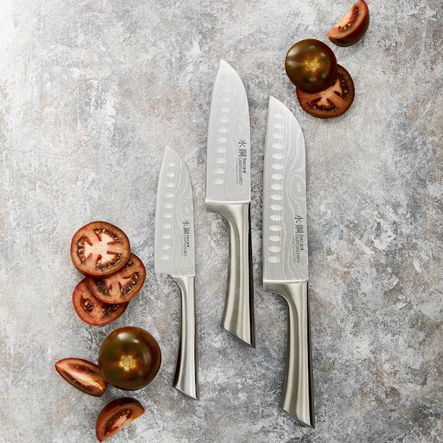 Baccarat Damashiro Knives on a benchtop