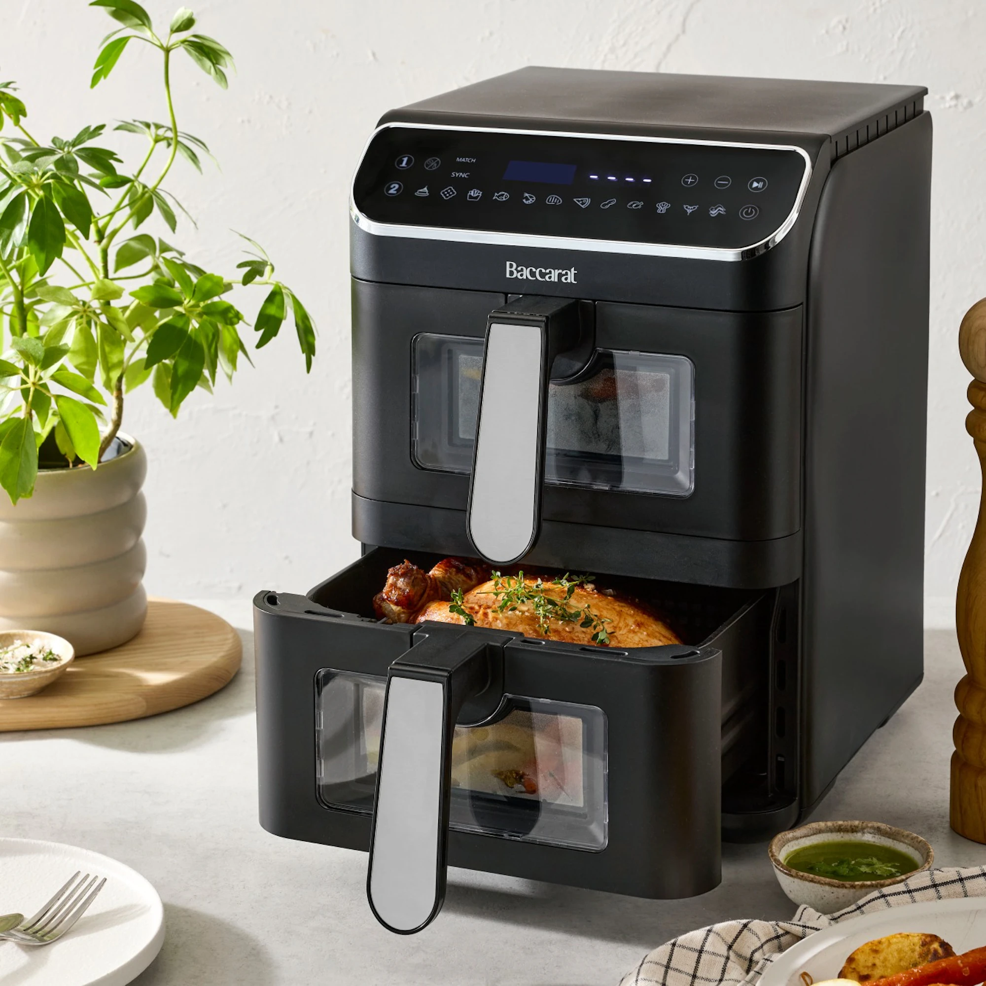 Dual draw Baccarat air fryer with one draw open