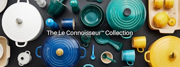 Different coloured Baccarat Le Connoisseur bakeware range on table banner mobile
