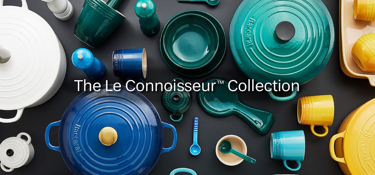 Different coloured Baccarat Le Connoisseur bakeware range on table banner desktop