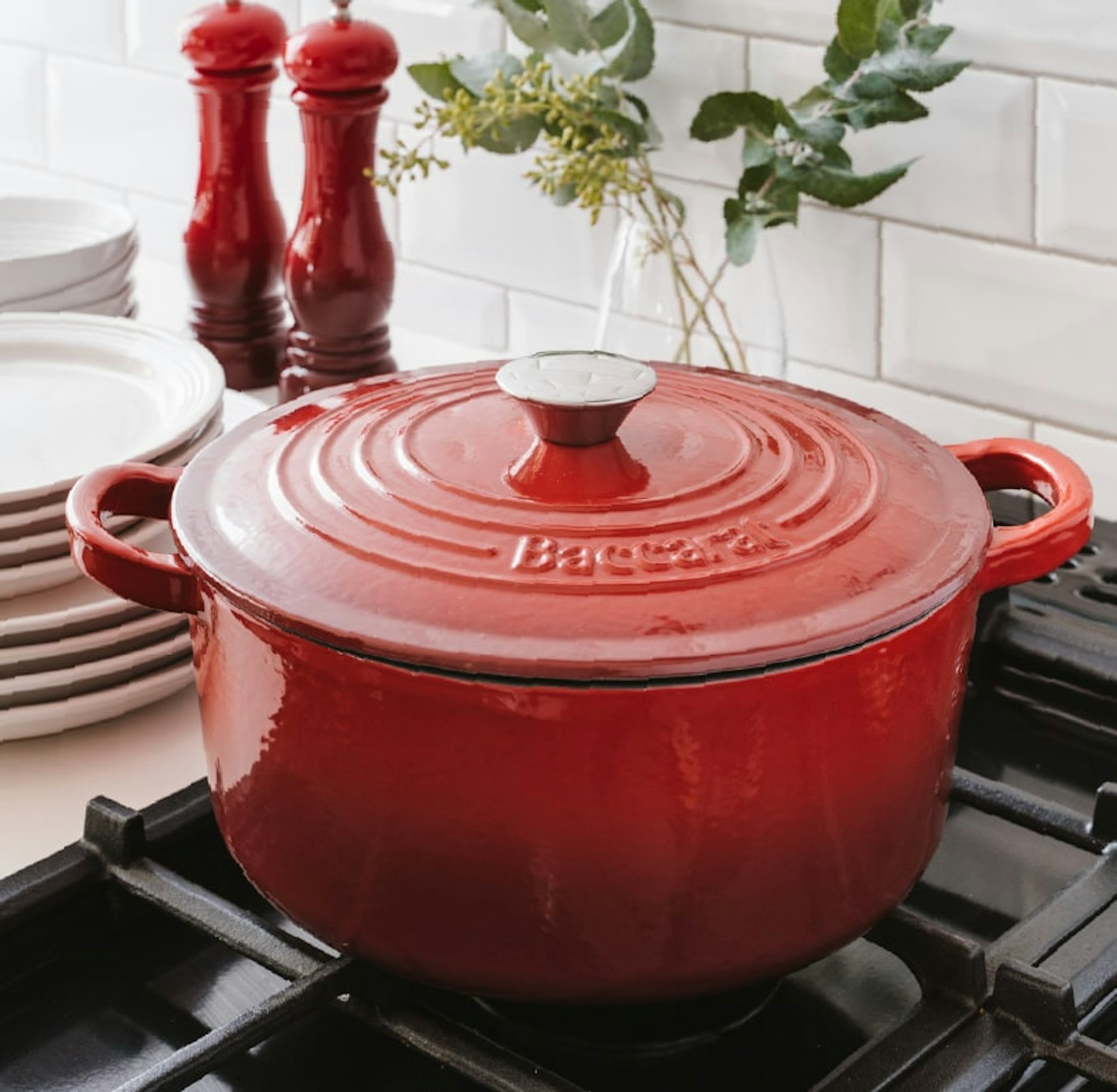 Baccarat Le Connoisseur red french oven on stovetop