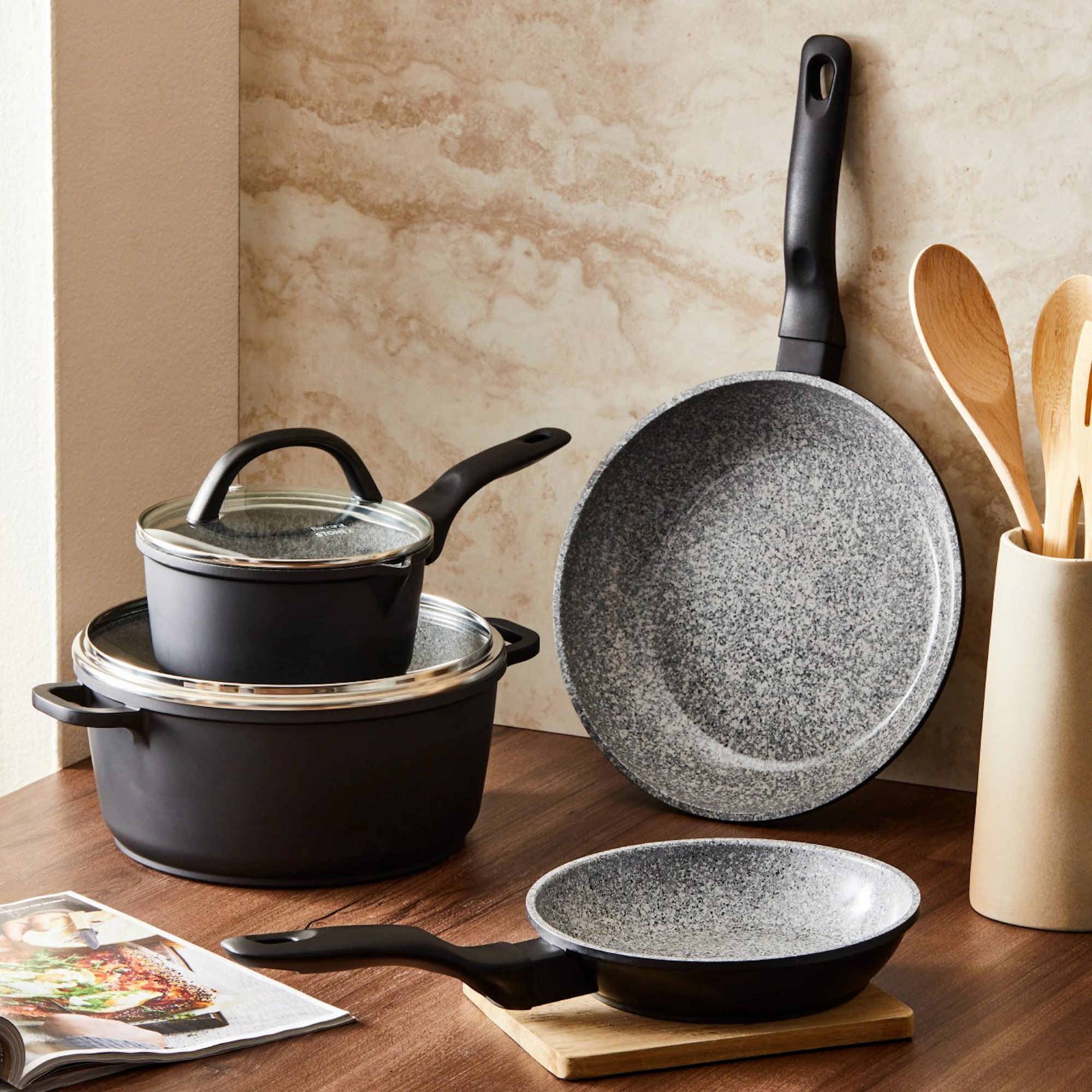 Cookware Set on table, leaning against wall.