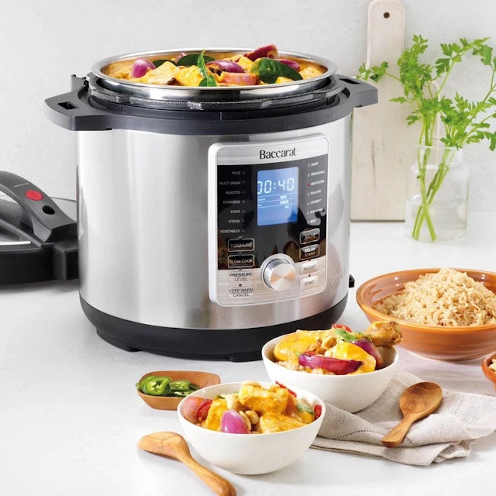 A multi-cooker is on a counter with bowls of food and rice nearby