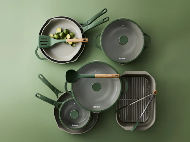 Baccarat NOOK sage cookware range spread out with utensils