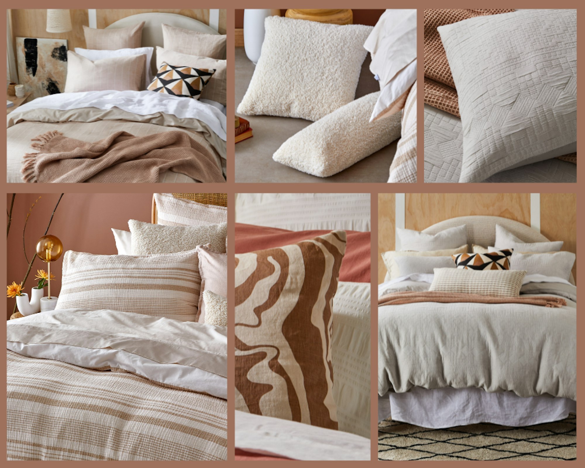 Home Beautiful collection. collage of bedding, decor, and homewares