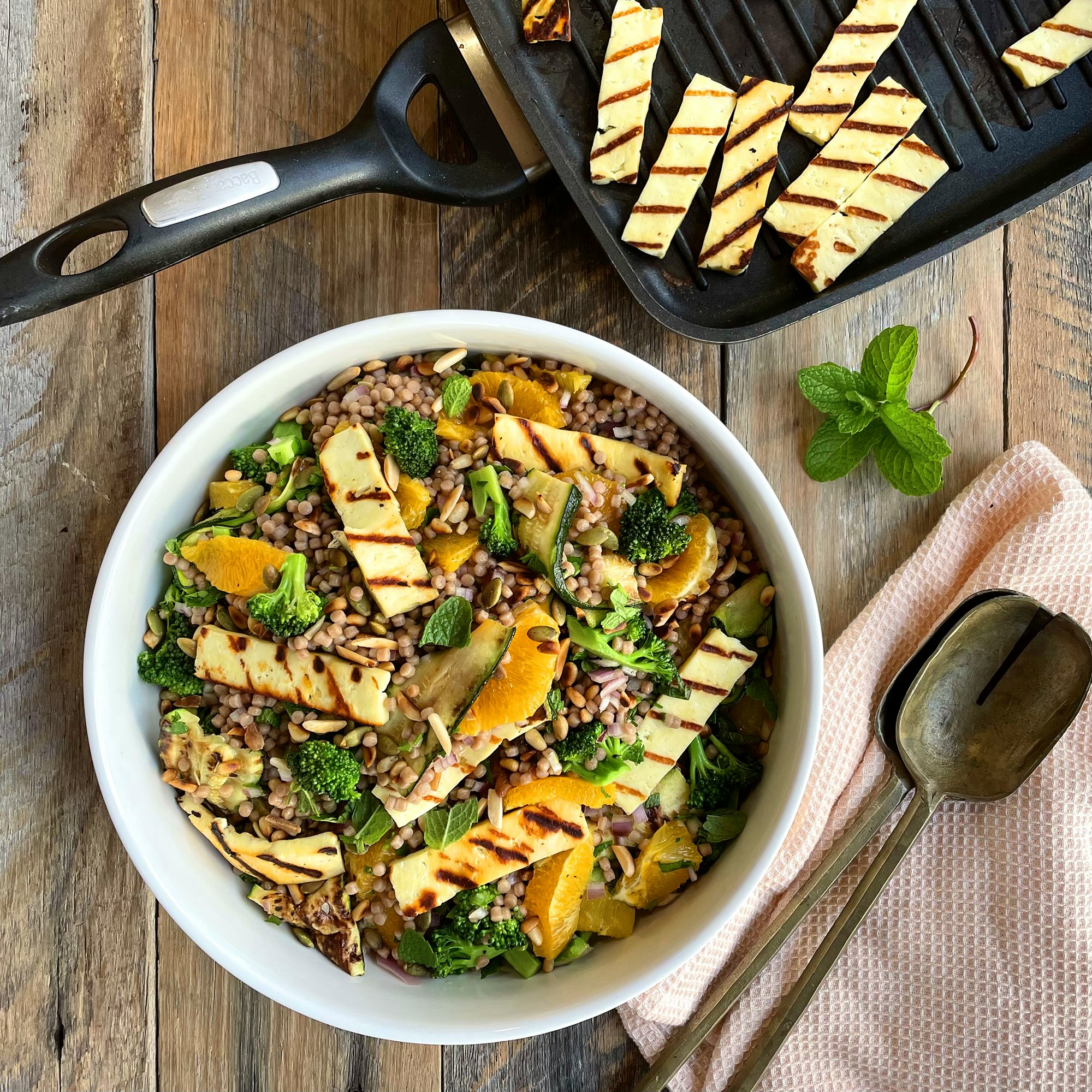 Pearl Cous Cous Salad with Zucchini, Orange, Mint and Halloumi Recipe