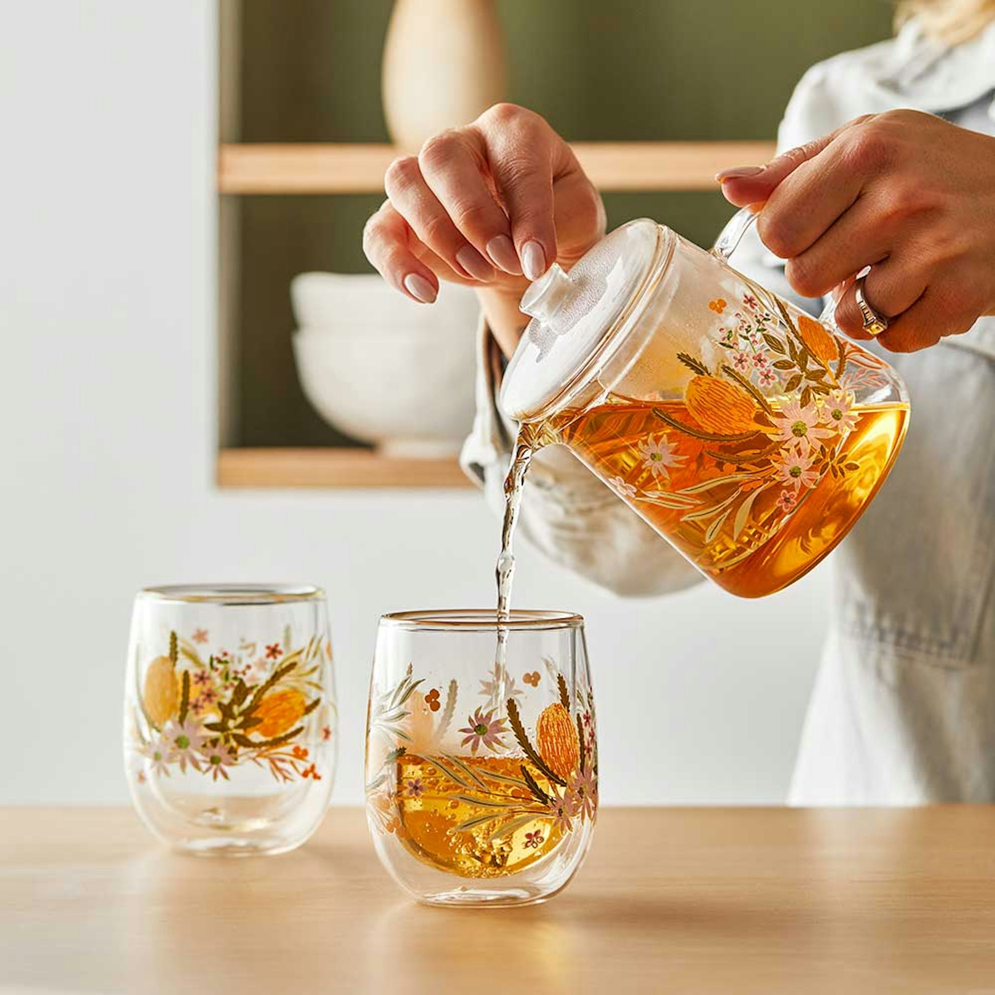 Alex Liddy Banksia Double Walled Glasses and Teapot designed by Christie Williams