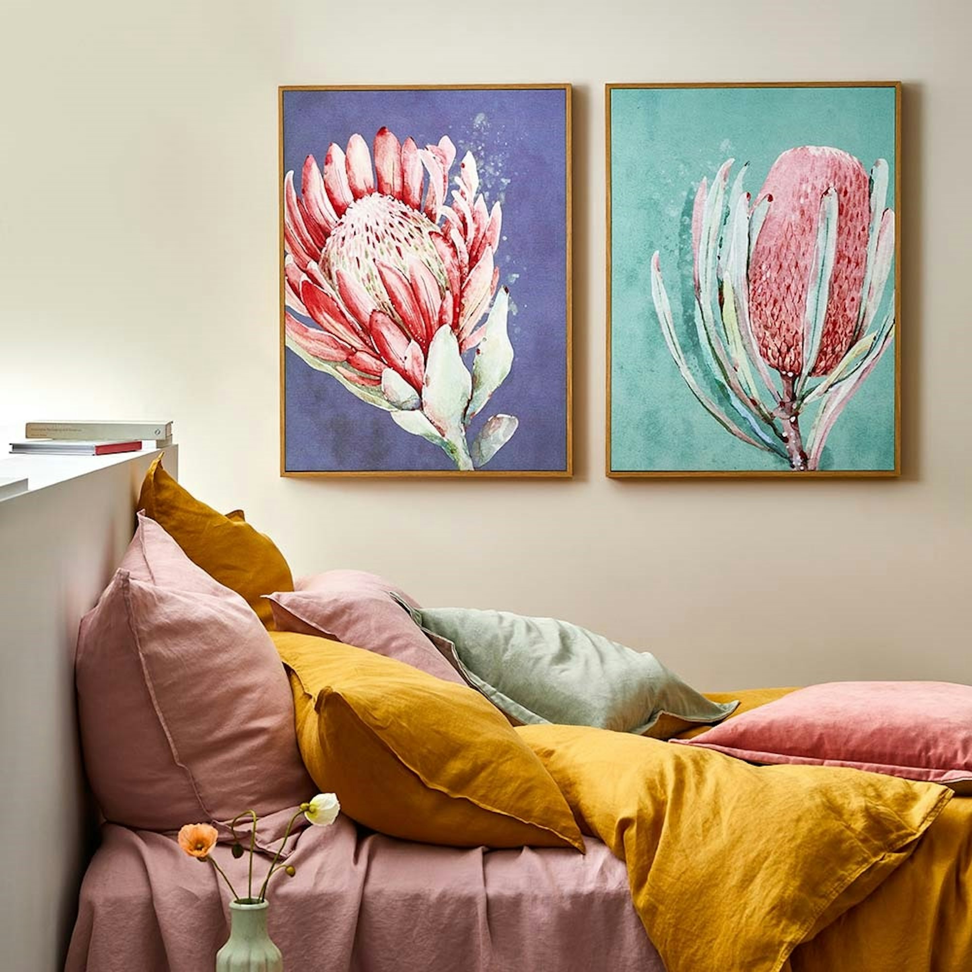 MyHouse colourful bedroom setting with matching native floral canvas wall art