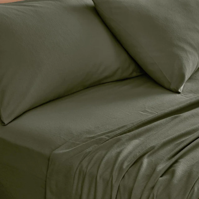 green coloured flannelette bed sheets and pillowcases