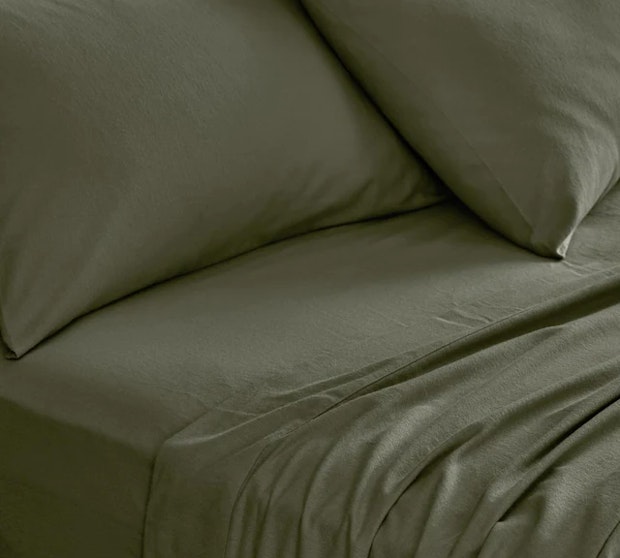 green coloured flannelette bed sheets and pillowcases