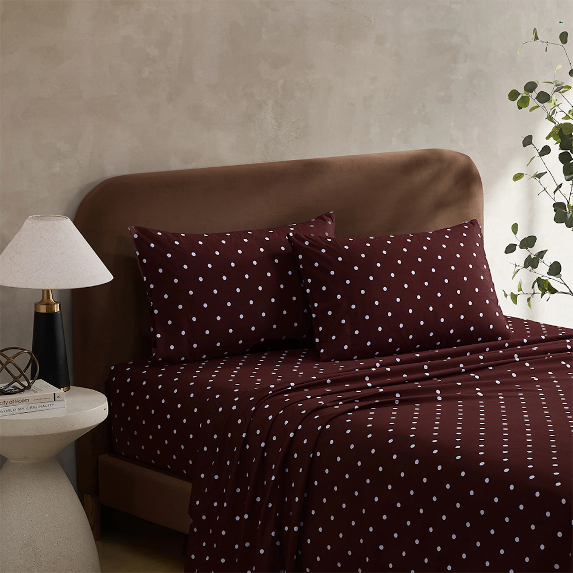 Ardor Dotti Printed Sheet Set featuring a timeless polka dot design in a rich mahogany and soft coconut milk colourways with matching pillowcases