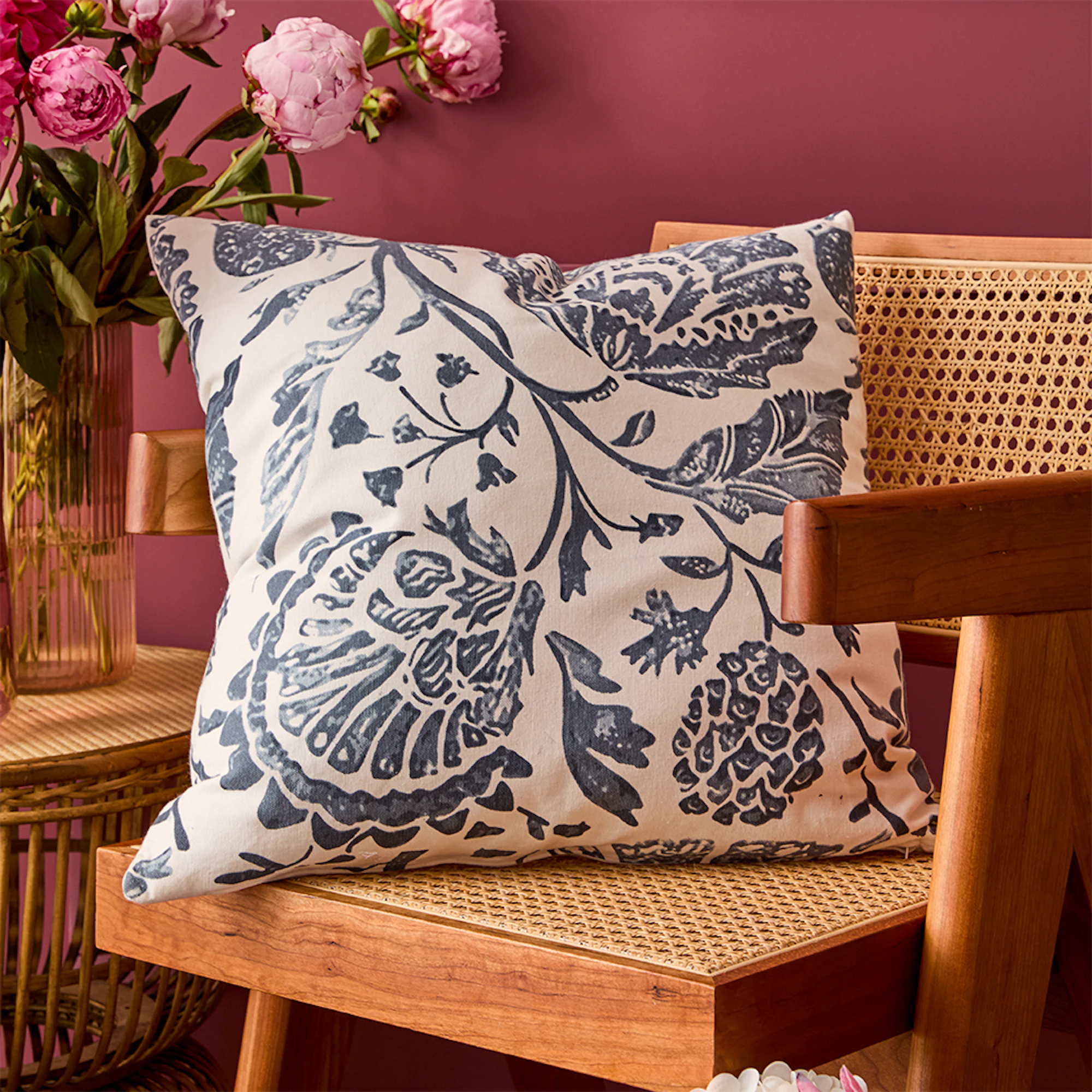 MyHouse Trinity Cushion 50x50cm with blue botanical floral print on an ivory background